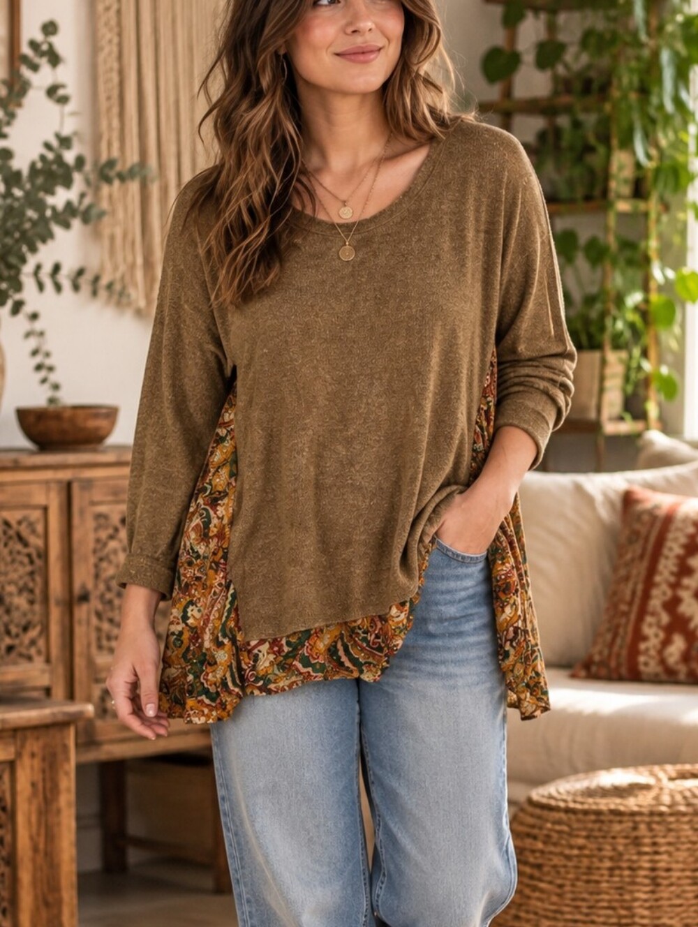 Made in Italy Paisley Contrast Knit Tunic Sweater Top Size L